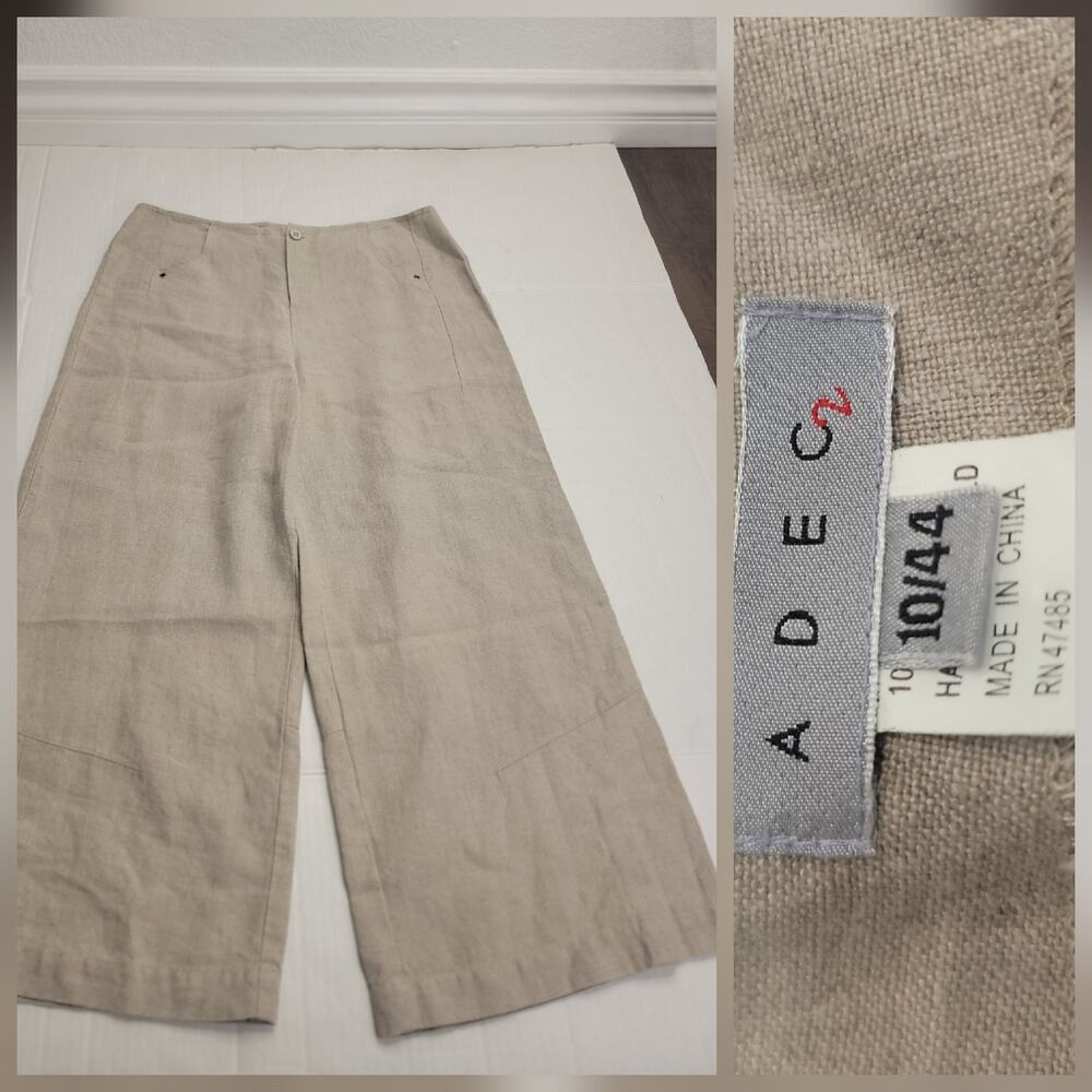 ADEC 2 Trouser Pants Womens SZ 10 Wide Leg Crop 100% Linen Euro Summer Coastal